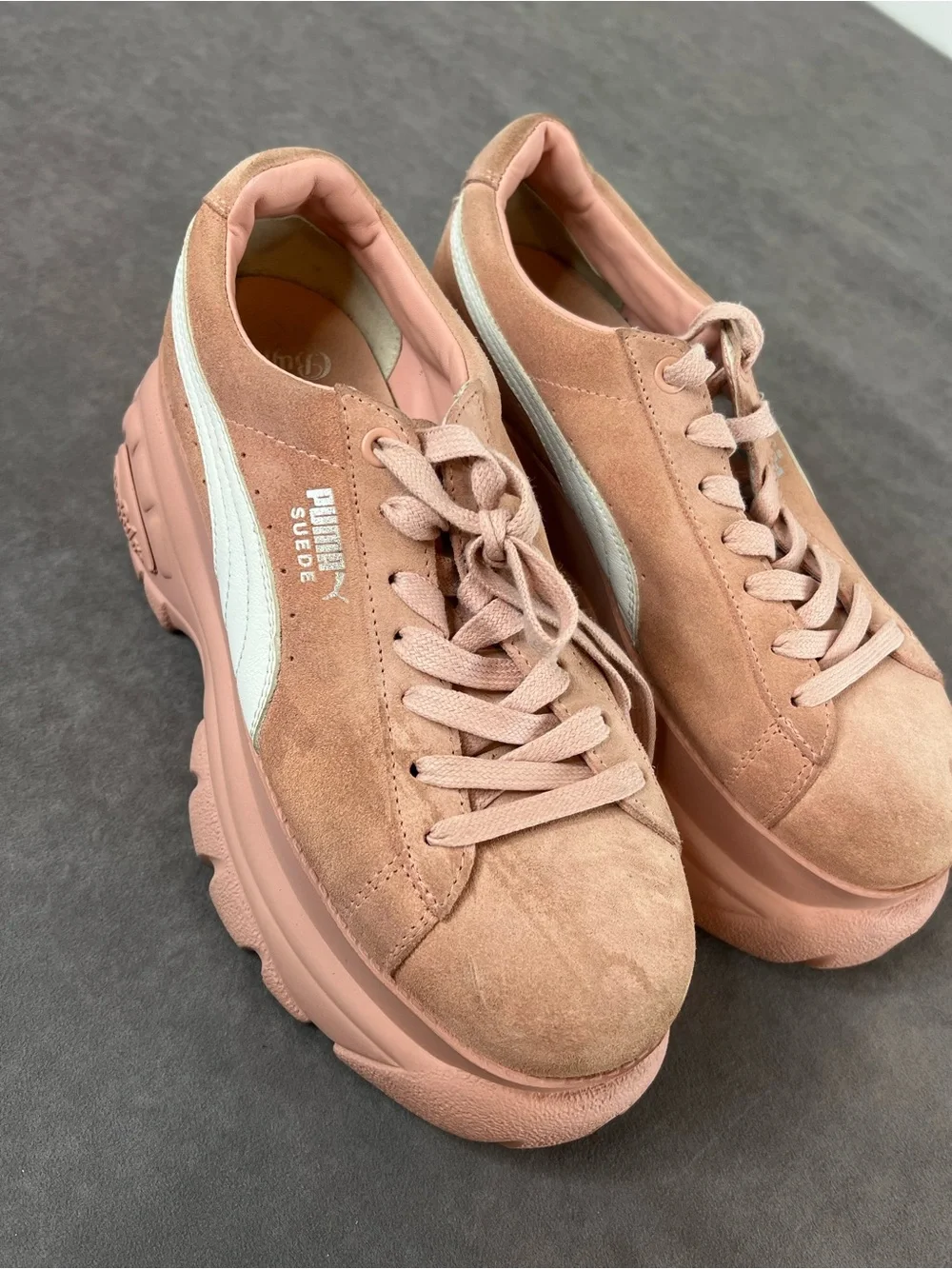 Puma Pink Suede Platform Sneakers with White Formstrip